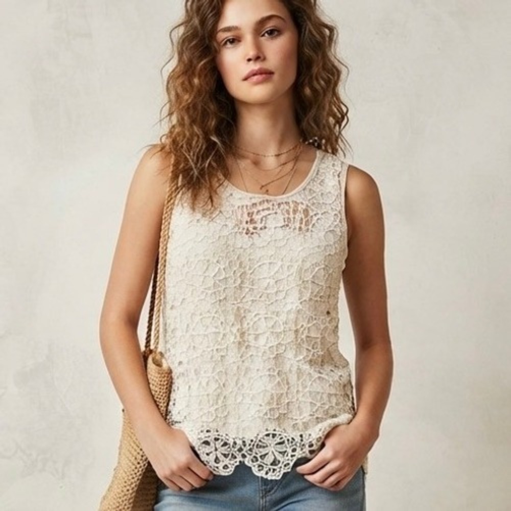Studio West White Lace Floral Medallion Crochet Tank Feminine Cottage Boho Top